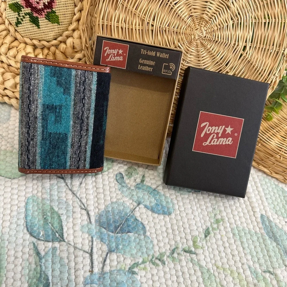 New Tony Lama Tri-Fold Wallet RFID Blue Aztec Canvas Leather Cowboy Western